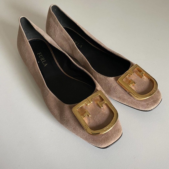 Furla Fantastica Ballet Flat Suede Gold Tone Logo Blush Pink Slip On 37 … - Picture 3 of 10